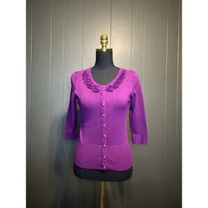 White House Black Market Women’s Purple Floral 3/4 Sleeves Cardigan Sweater XS